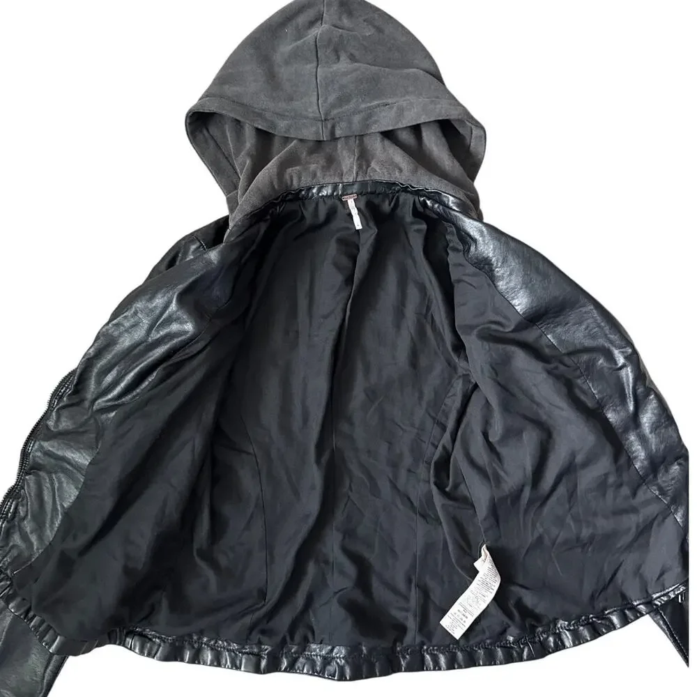 Free People Cleo Vegan Leather Moto Hooded Jacket‎ Black Size 8